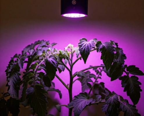 Tomatenpflanze mit LED-Wachstumslampe